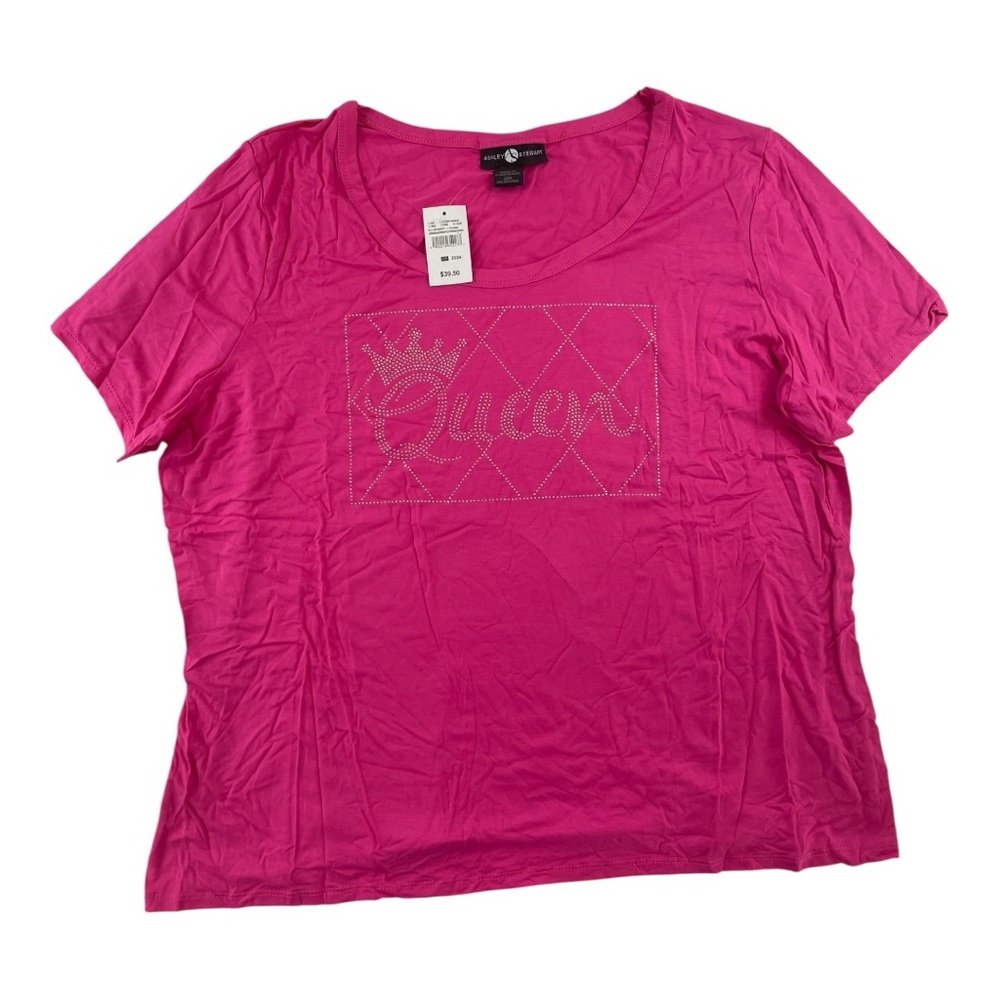 Ashley Stewart “Queen” Graphic T-Shirt Pink Short Sleeve Crew Women 22/24 NWT - Picture 1 of 3